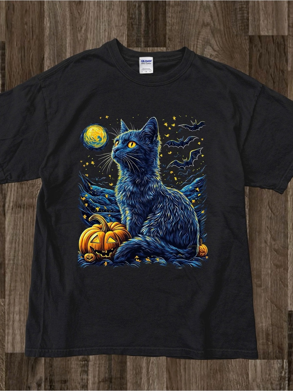 Gildan Black T-Shirt with Blue Cat & Orange Pumpkin Graphic